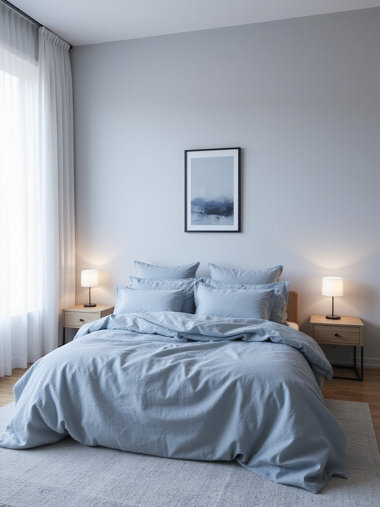 Minimalist blue and grey bedroom with linen bedding and soft lighting