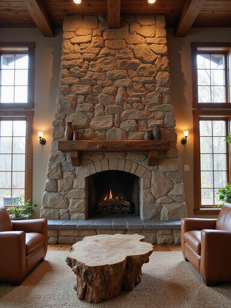Rustic living room with a grand stone fireplace mantel