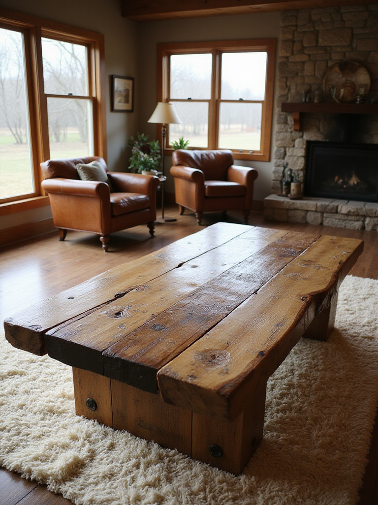 Rustic living room featuring a hand-hewn reclaimed wood coffee table as the centerpiece.