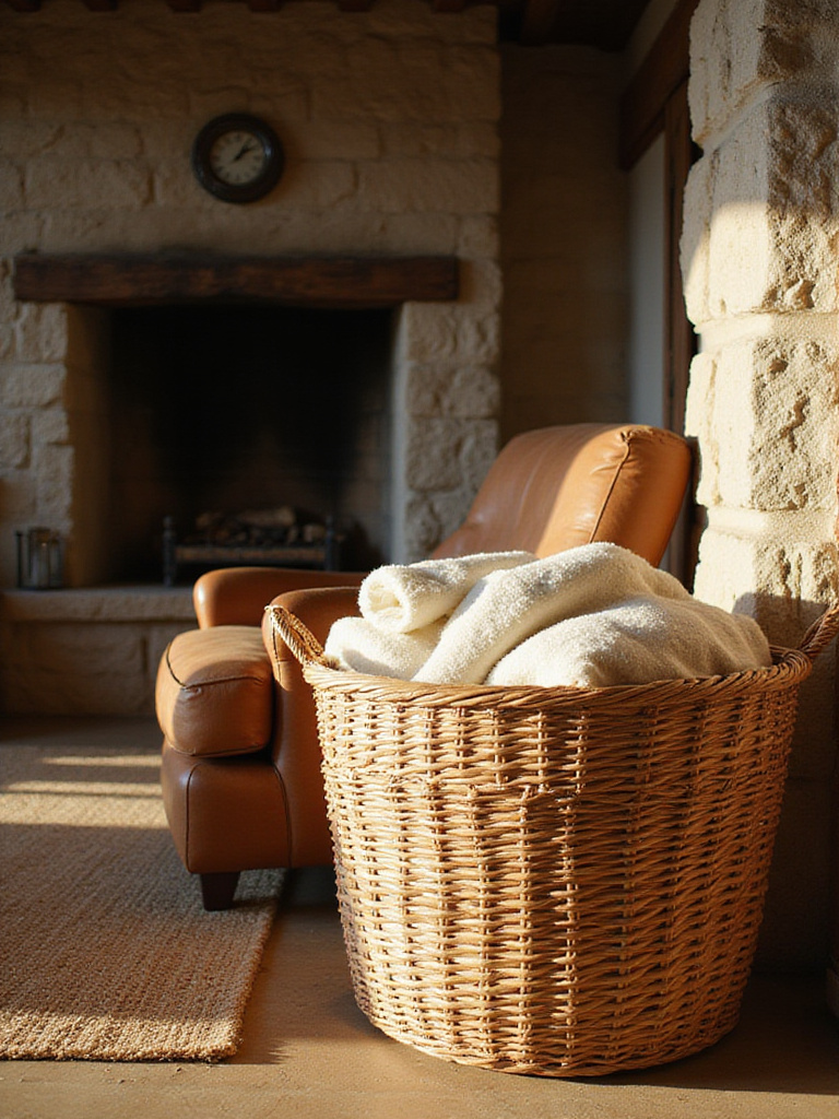 Handwoven wicker basket filled with blankets in a rustic living room