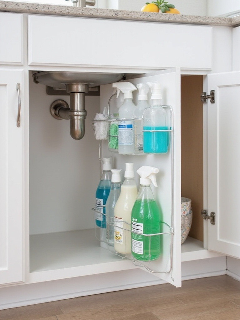 Under-sink cabinet door organizer with cleaning supplies