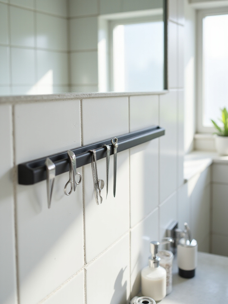 A dark magnetic strip mounted on a tiled bathroom wall, neatly holding small metal grooming tools like tweezers and nail clippers for clutter-free organization.