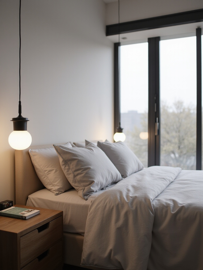 Modern bedroom with pendant lights hanging above nightstands.