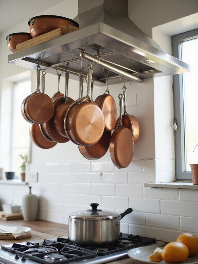 Wall-mounted pot rack with copper cookware in a small, modern kitchen