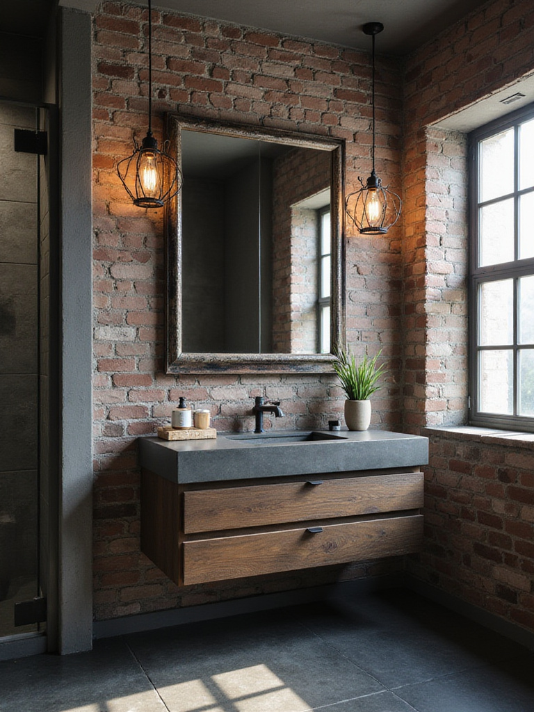 Industrial bathroom with concrete vanity and factory-inspired iron framed mirror.