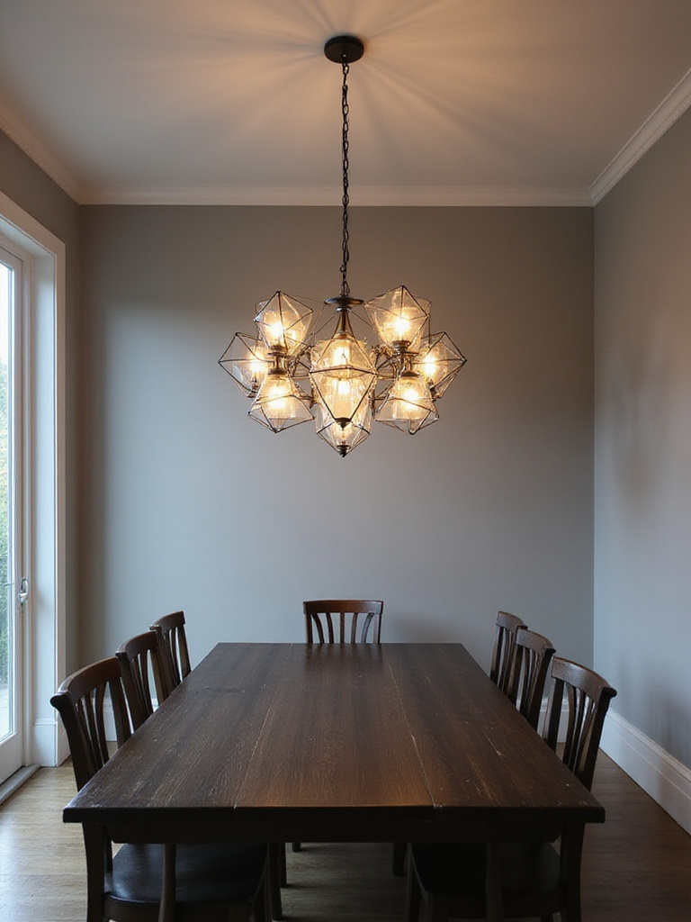 Dining room with a modern geometric statement chandelier above a dark wood table.