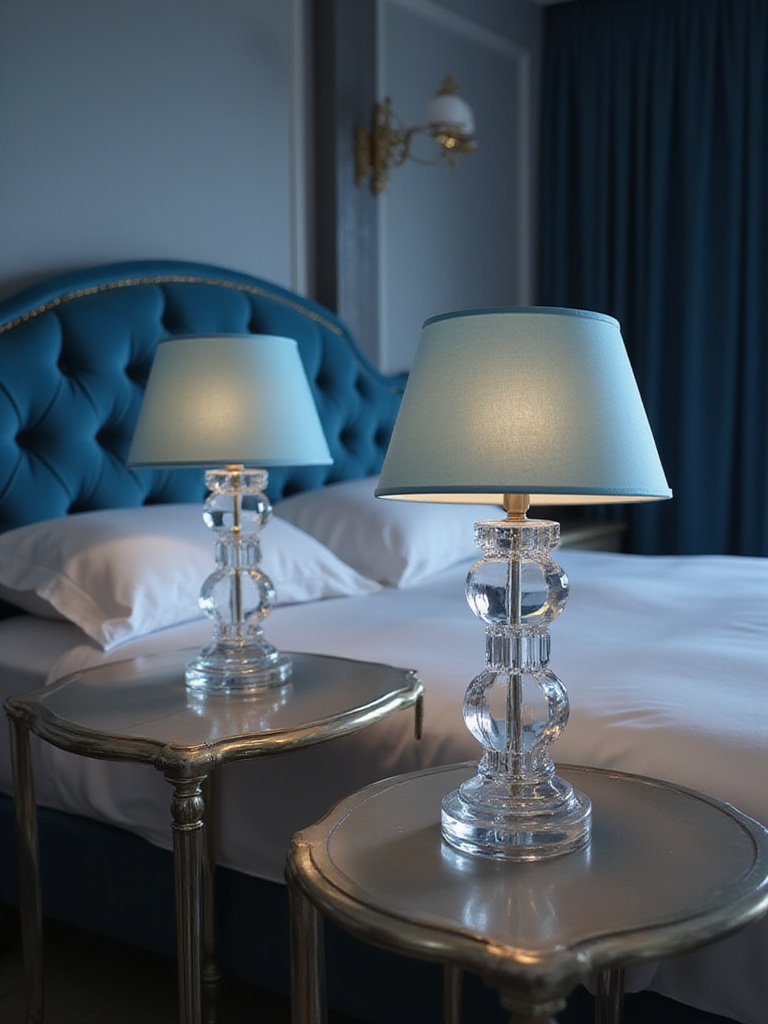 Bedroom with blue velvet headboard and crystal lamps with blue shades