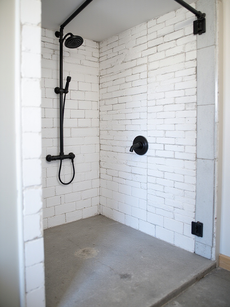 Industrial bathroom shower featuring white subway tile with dark grout and exposed black pipes.