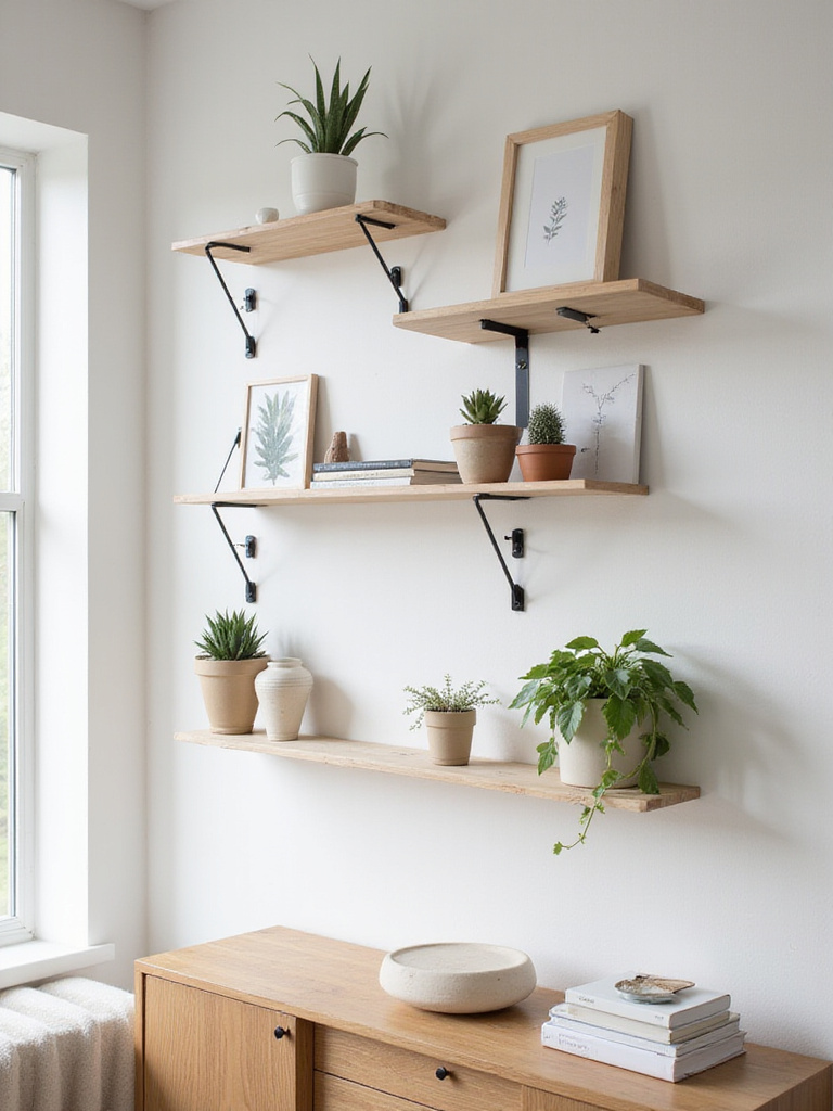 Bedroom wall shelves displaying plants and decor