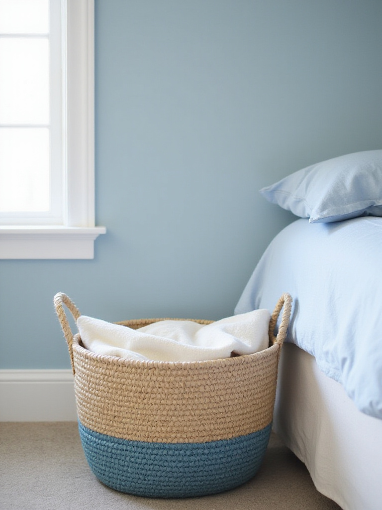 Blue bedroom decor featuring a woven blue seagrass basket at the foot of the bed