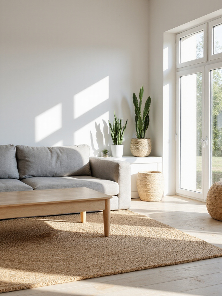 Minimalistic living room with natural wood, jute rug, and linen sofa.