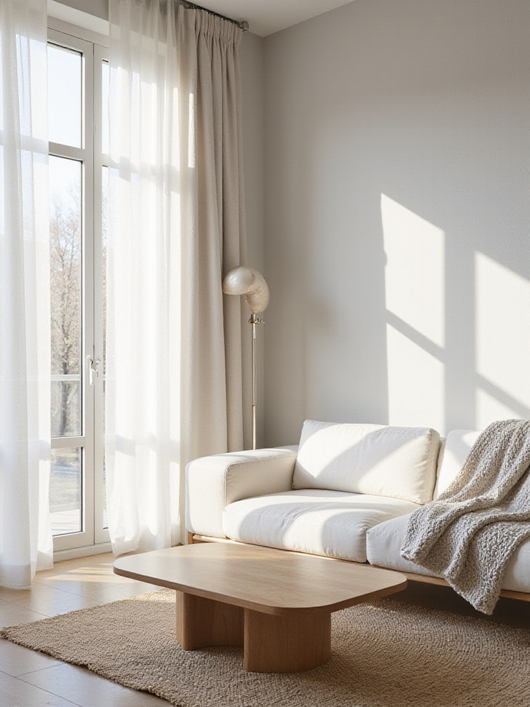 Minimalistic living room featuring textured walls, natural fiber rug, and chunky knit throw.