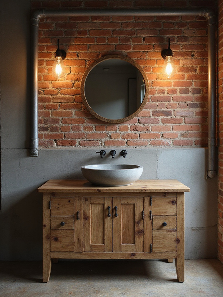 Industrial bathroom with reclaimed wood vanity and concrete sink