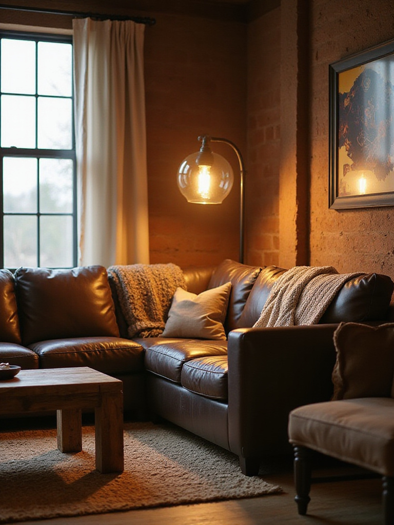 Industrial-chic iron and wood floor lamp illuminating a rustic living room.