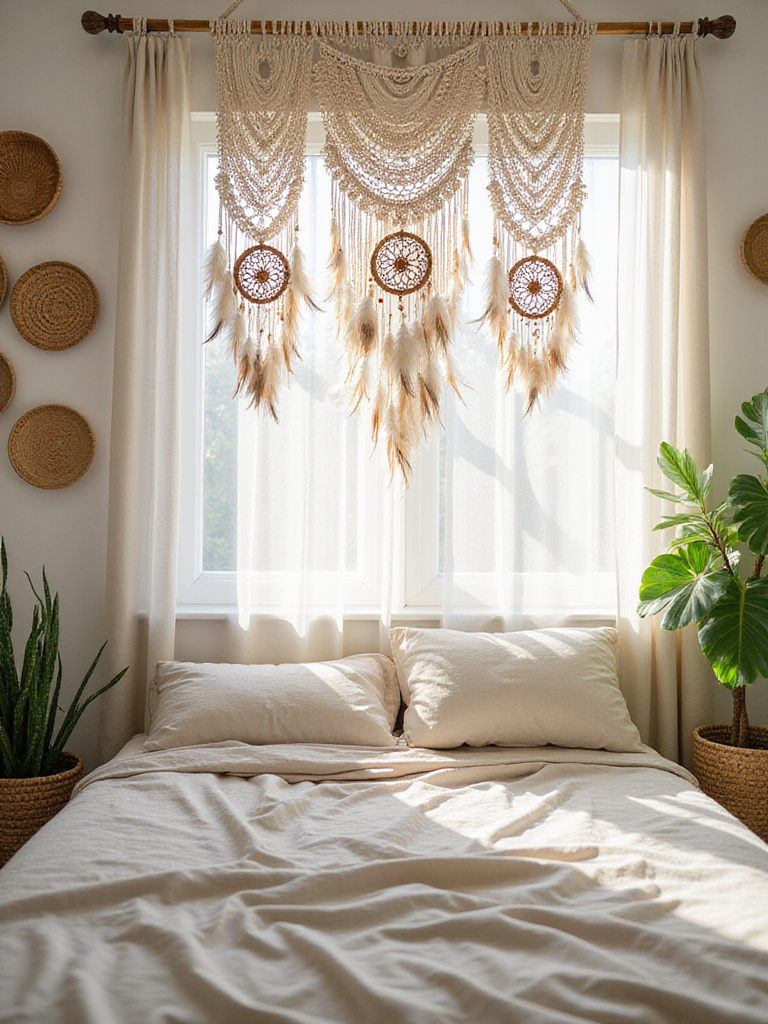 Bohemian bedroom with macrame wall hanging and dream catchers