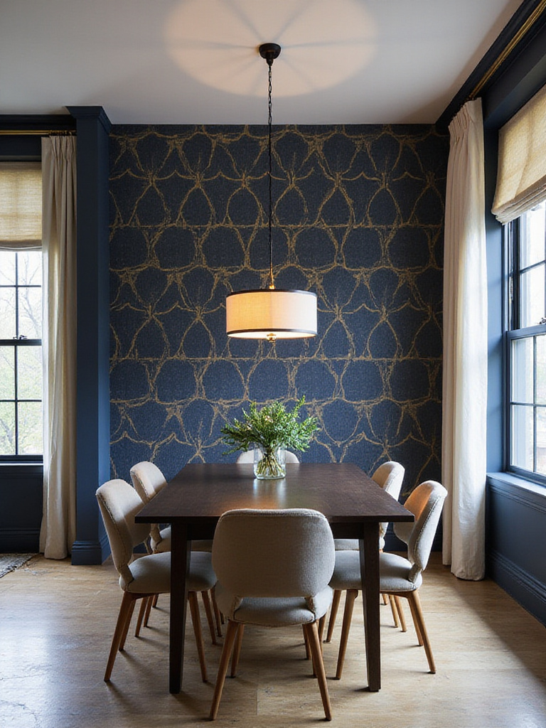 Dining room with navy and gold geometric wallpaper