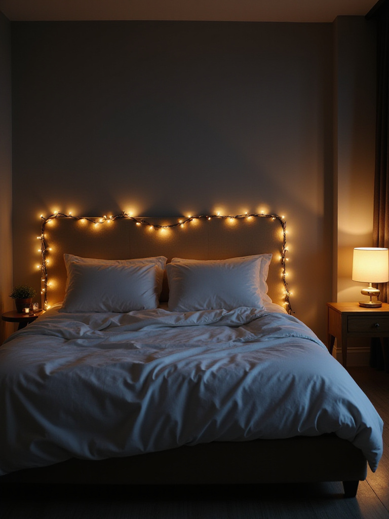 Bedroom with fairy lights draped across the headboard.