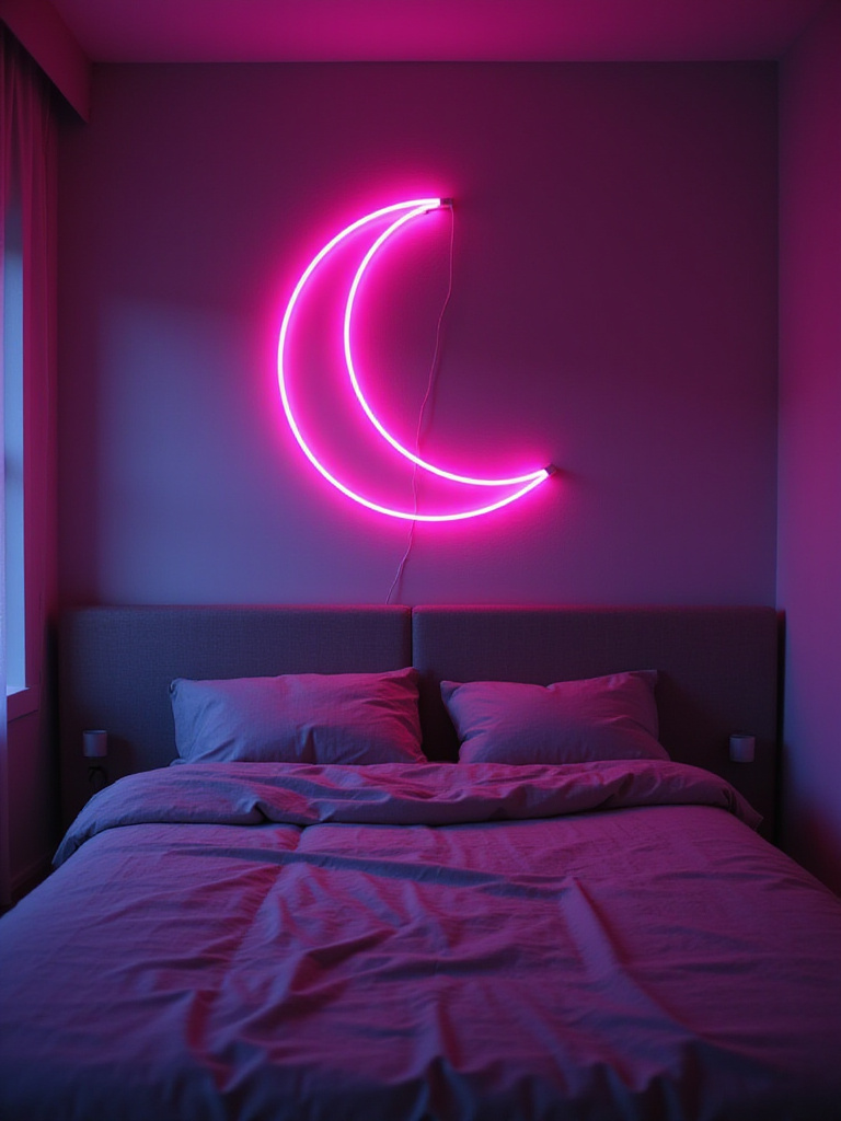 Modern bedroom with a pink crescent moon neon sign above the bed.