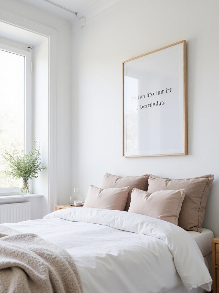 Modern bedroom with inspirational typography art above the bed