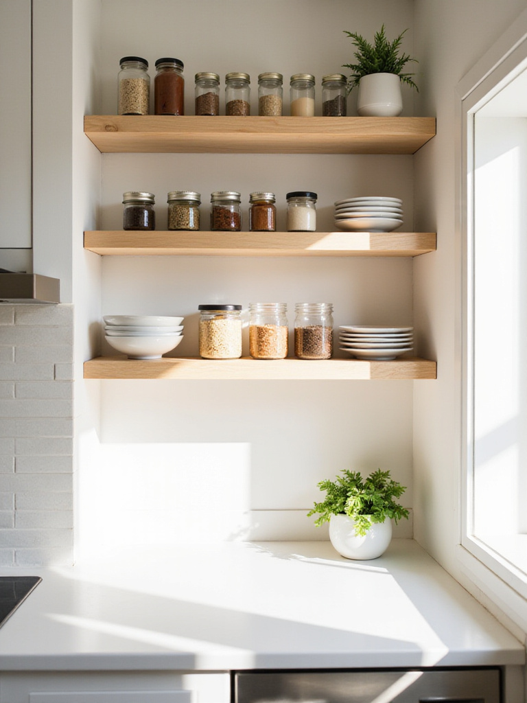 Floating shelves above countertop in a small kitchen holding spices and dishes.