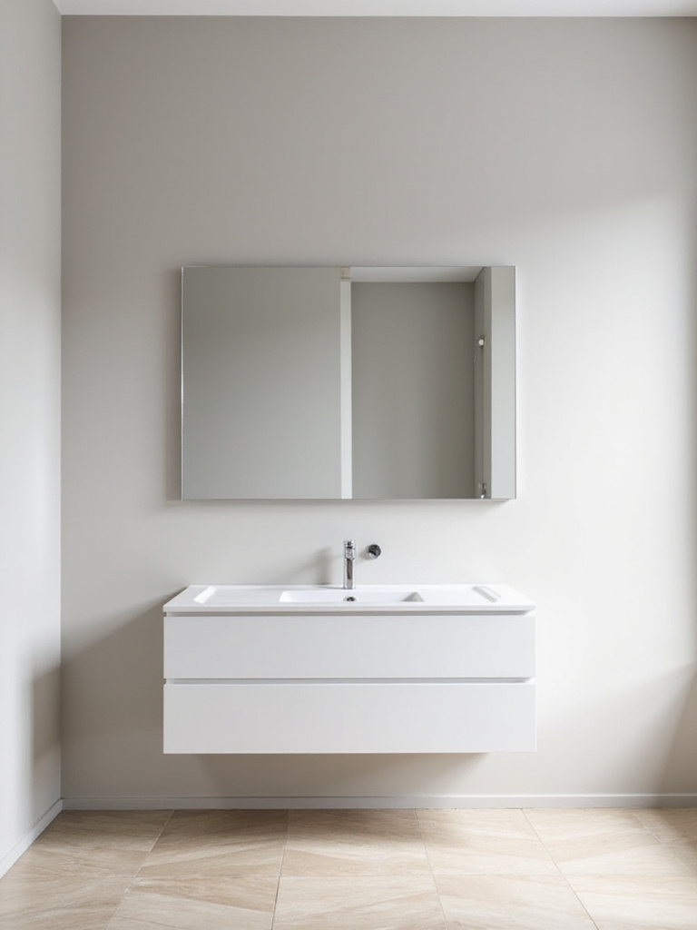 Large rectangular unframed mirror mounted above a floating vanity in a bright, minimalist bathroom.