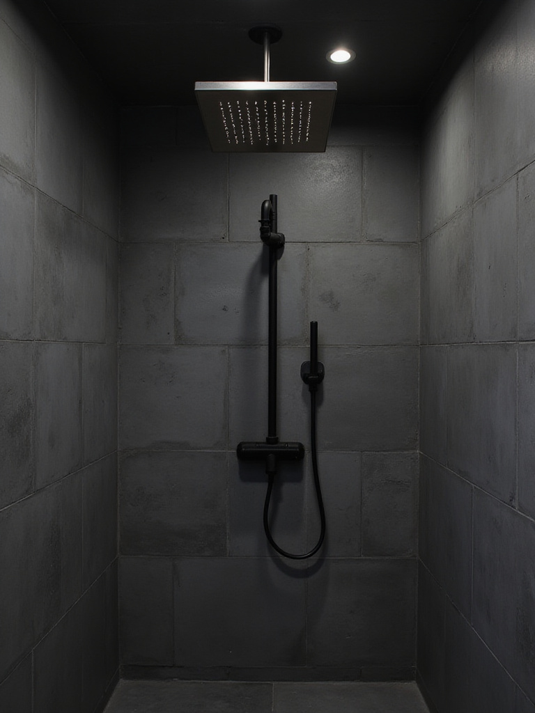 Industrial bathroom with brushed nickel rain showerhead and exposed plumbing.