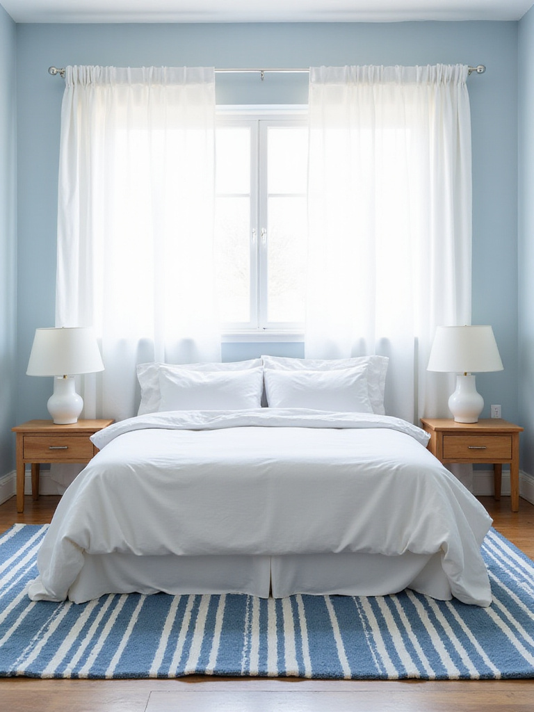 Blue and white striped rug under a bed in a coastal-themed bedroom