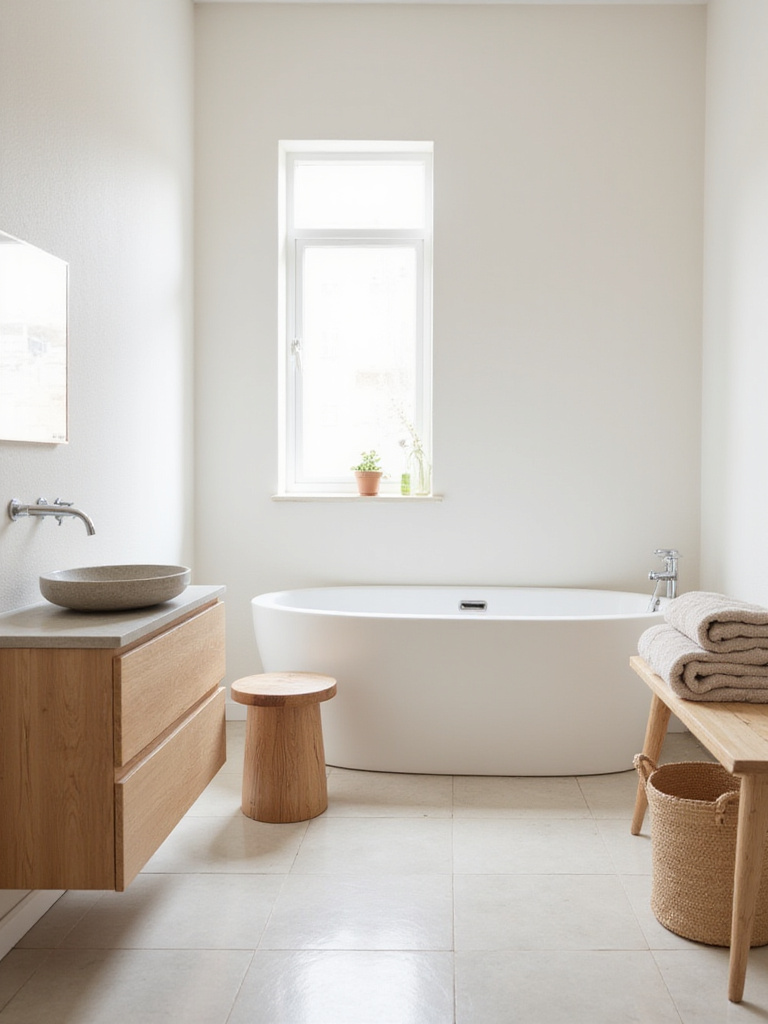Minimalist bathroom featuring natural materials like a wooden vanity, stone sink, and bamboo stool, creating a warm and serene atmosphere.