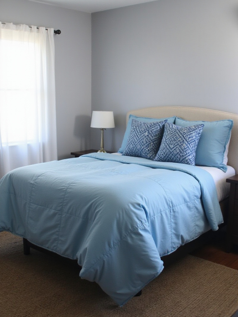Blue geometric duvet cover set on a bed in a calming bedroom setting