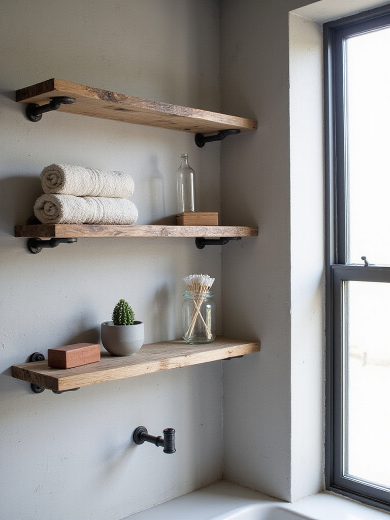Raw wood shelves with black metal pipe brackets in an industrial bathroom.