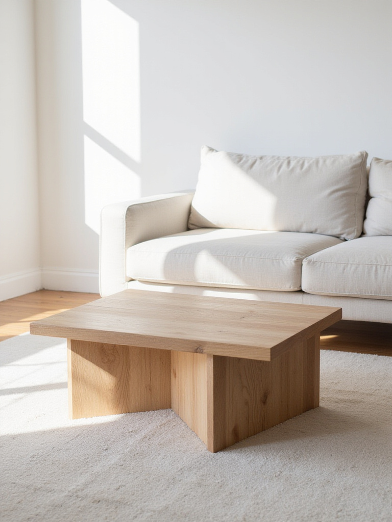 Minimalist Living Room with Quality Wood Coffee Table and Linen Sofa