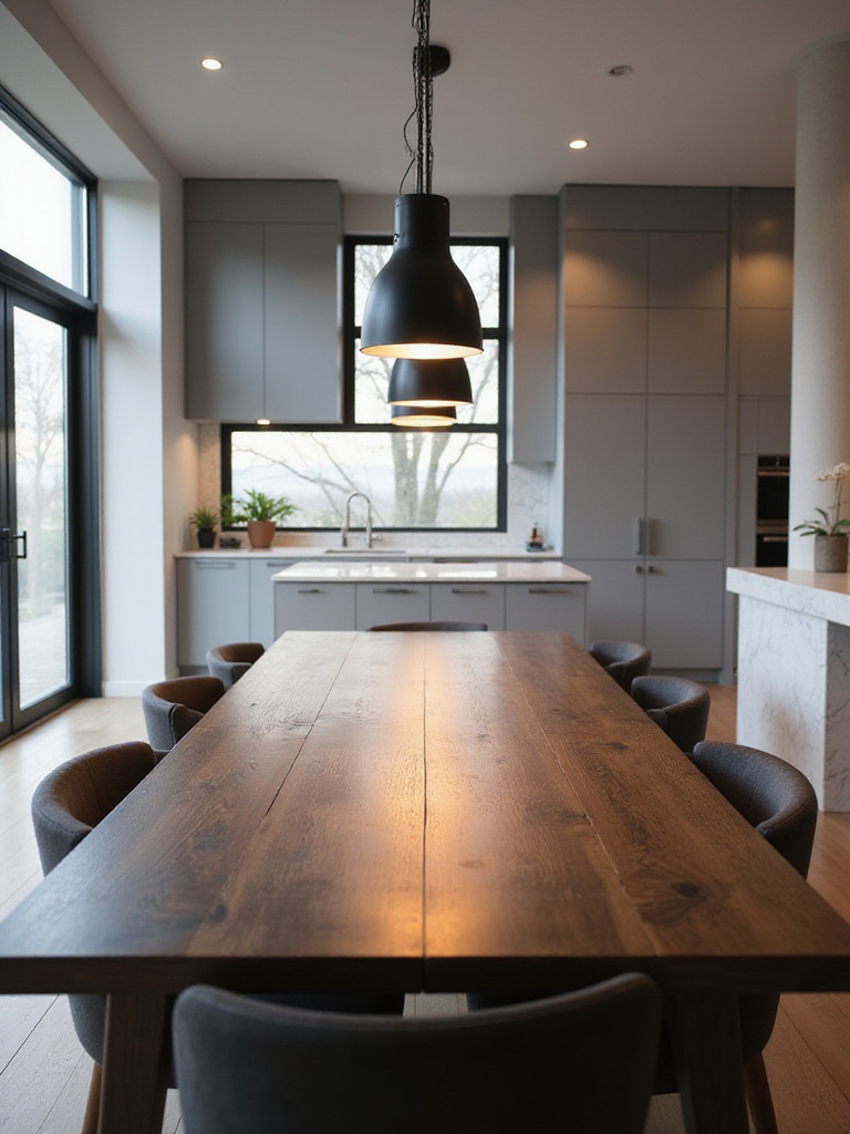 Three black pendant lights hang above a long dark wood kitchen dining table, casting warm light.