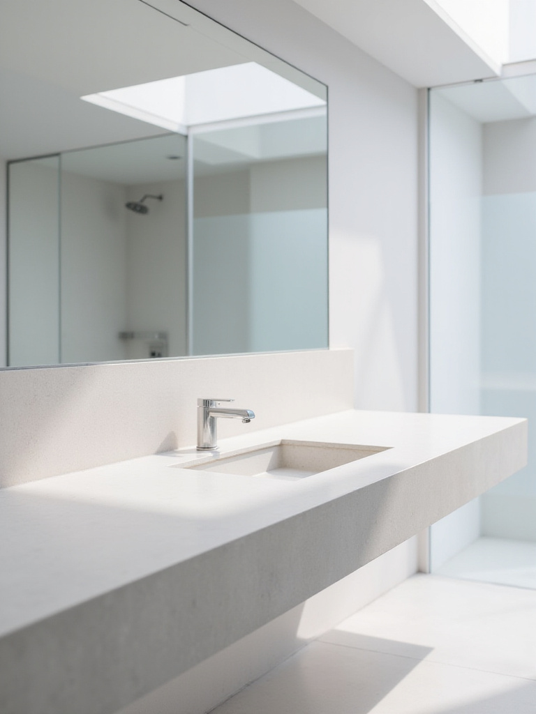 A minimalist bathroom vanity with a completely clear countertop, showcasing a clean sink and faucet, reflecting a spacious, serene atmosphere.