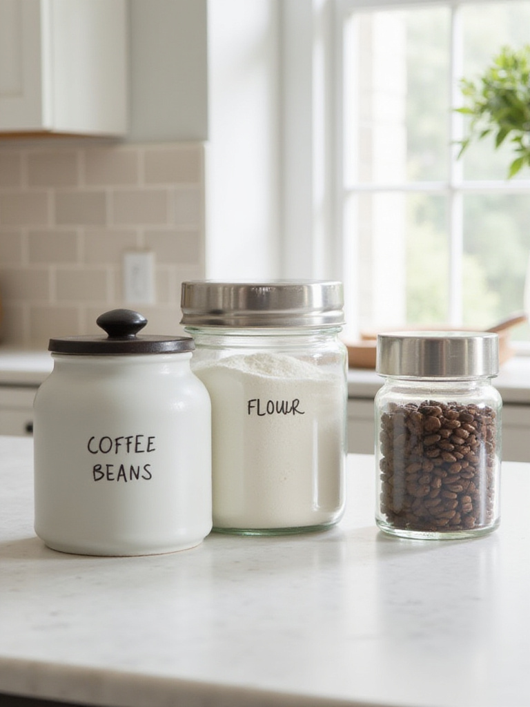 Stylish kitchen canisters on countertop for convenient storage of coffee, flour, and sugar.