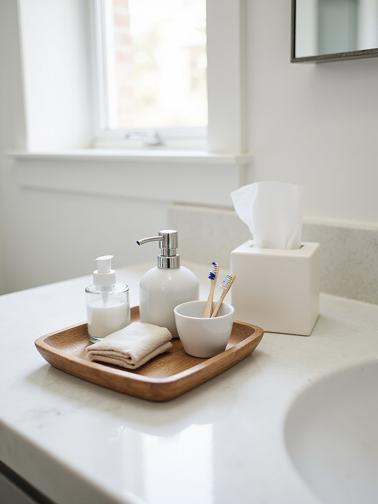 Modern bathroom counter with a wooden tray holding neatly organized daily essentials like toothbrushes, soap, and lotion.