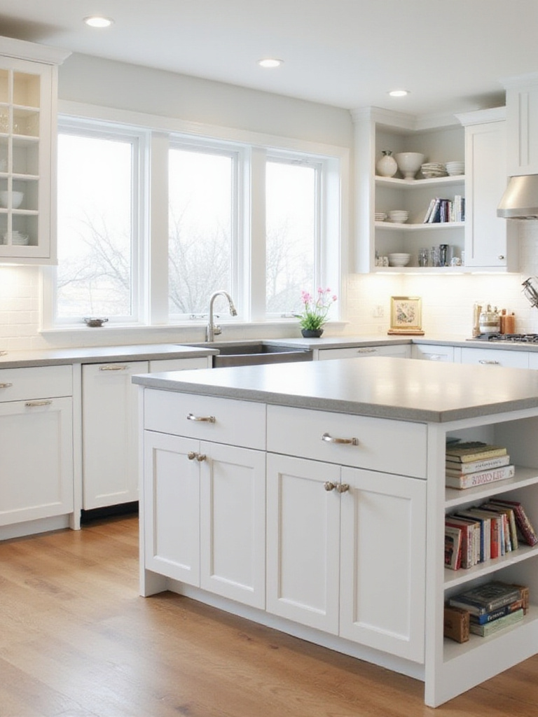 Modern kitchen island with white cabinets offering extra storage and prep space.