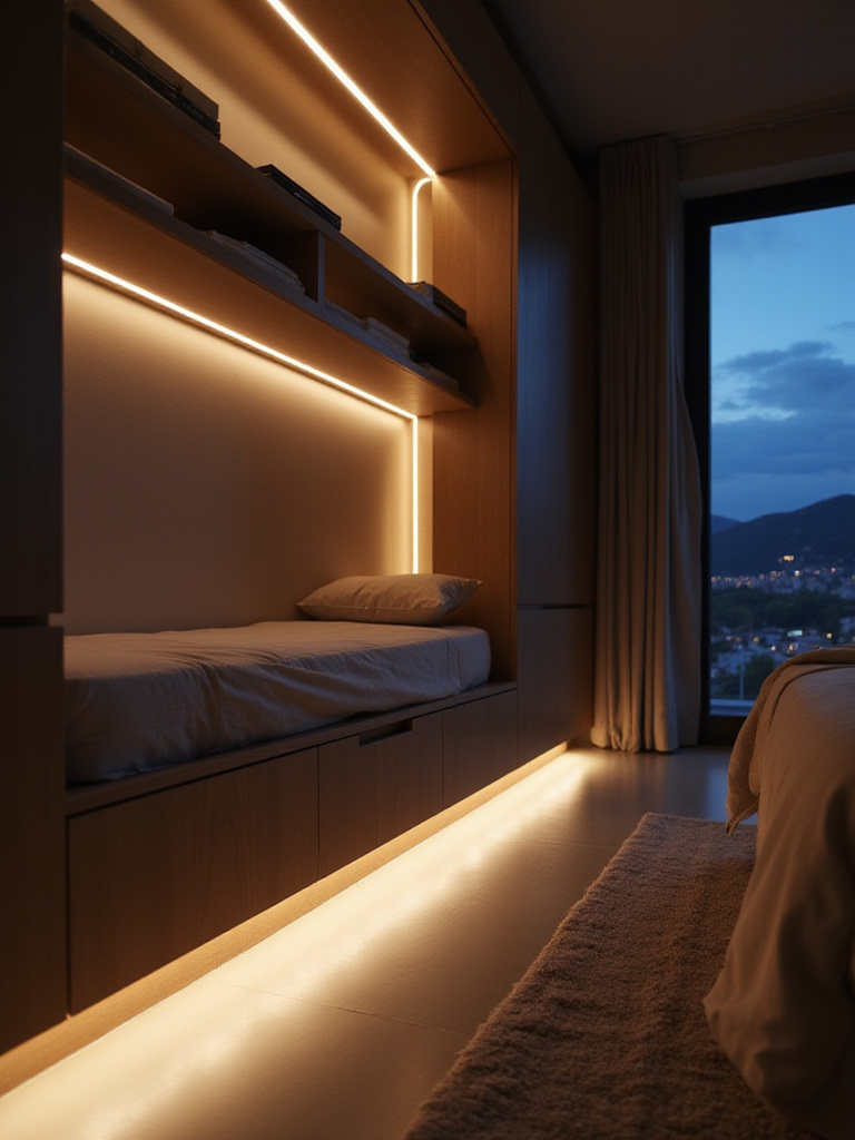 Modern bedroom with ambient LED strip lighting under shelves and along baseboards, creating a soft, relaxing atmosphere.