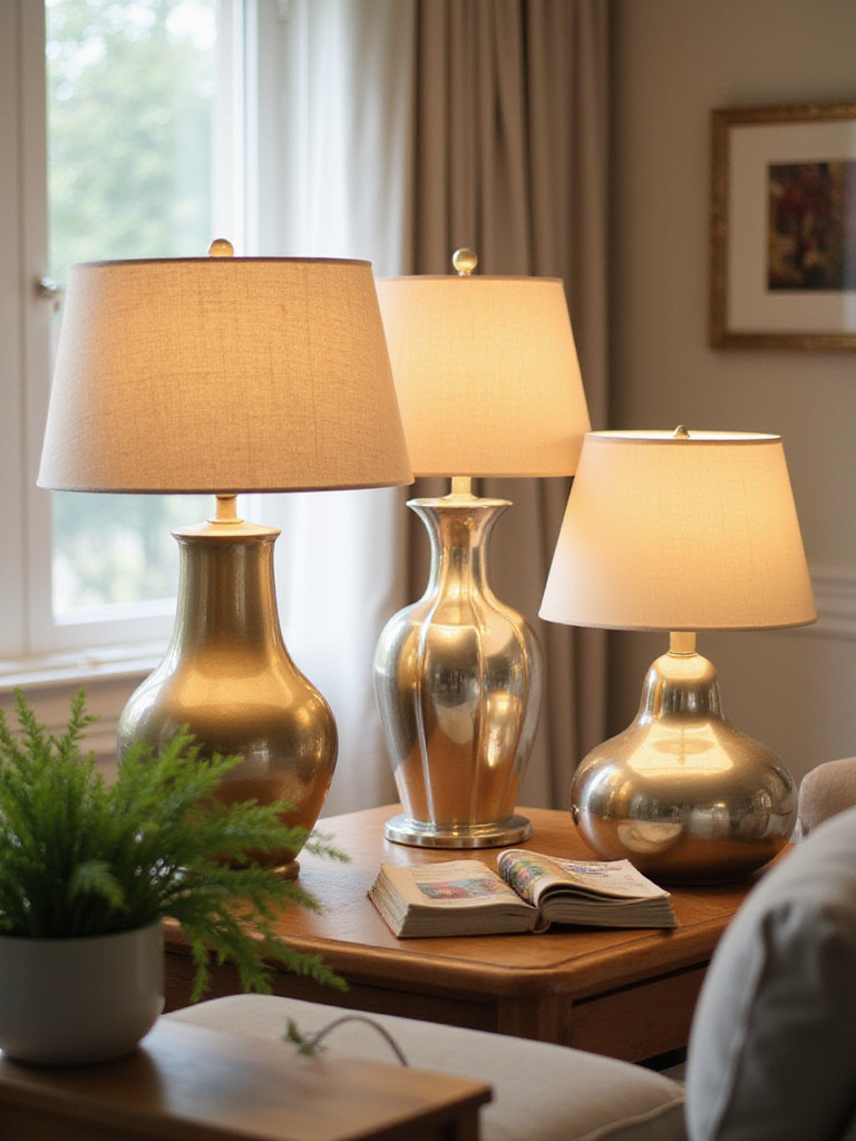 Living room with various lamps showcasing different lampshade styles and their effect on light diffusion.