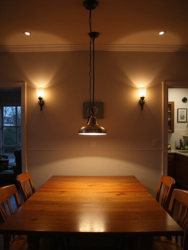 View of a kitchen dining area showcasing layered lighting with pendant lights over a table, decorative wall sconces, and ambient recessed ceiling lights creating a warm and inviting atmosphere.