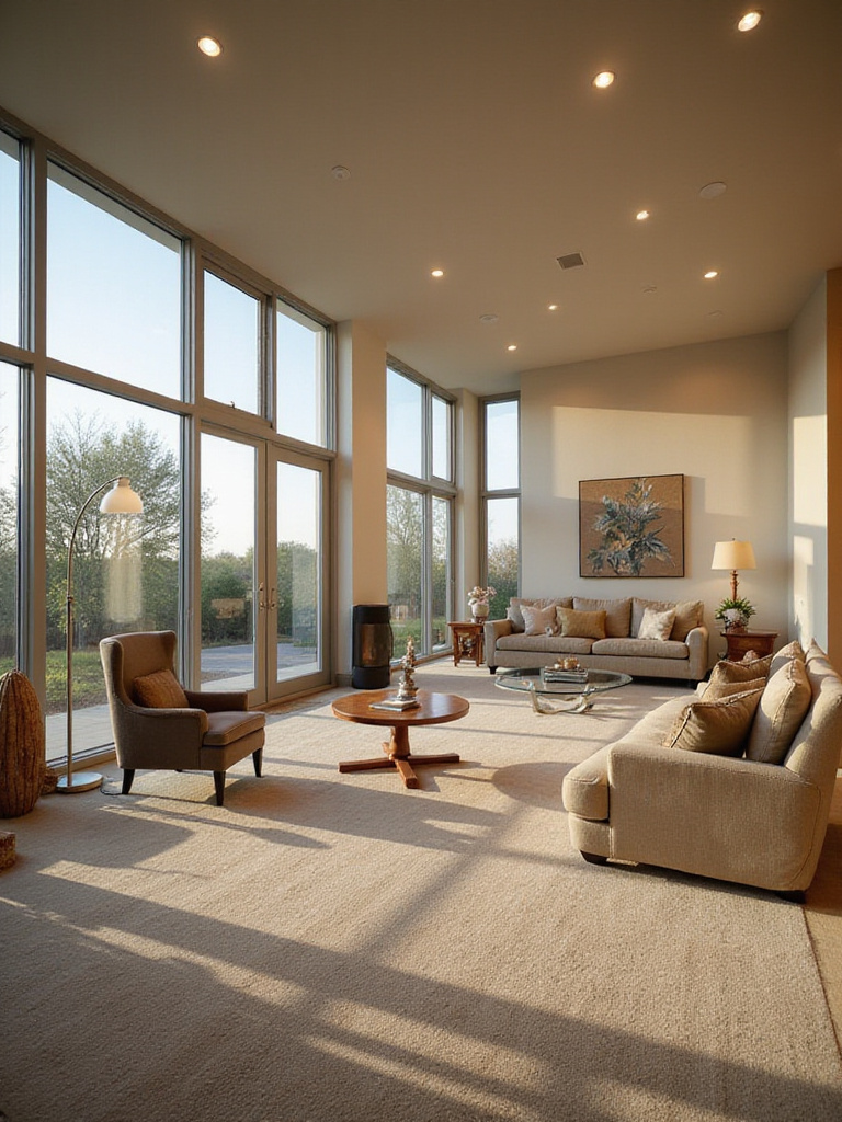 Modern living room with layered lighting: ambient, task, and accent, creating a warm and inviting atmosphere