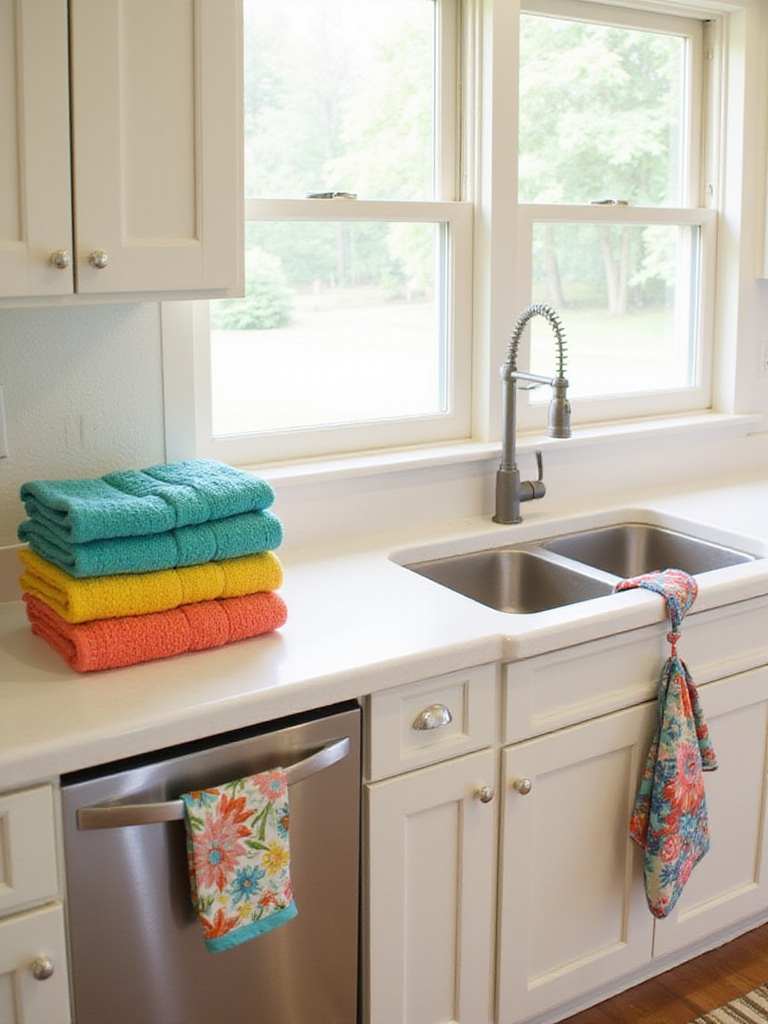 Colorful kitchen textiles add personality to a budget-friendly kitchen decor