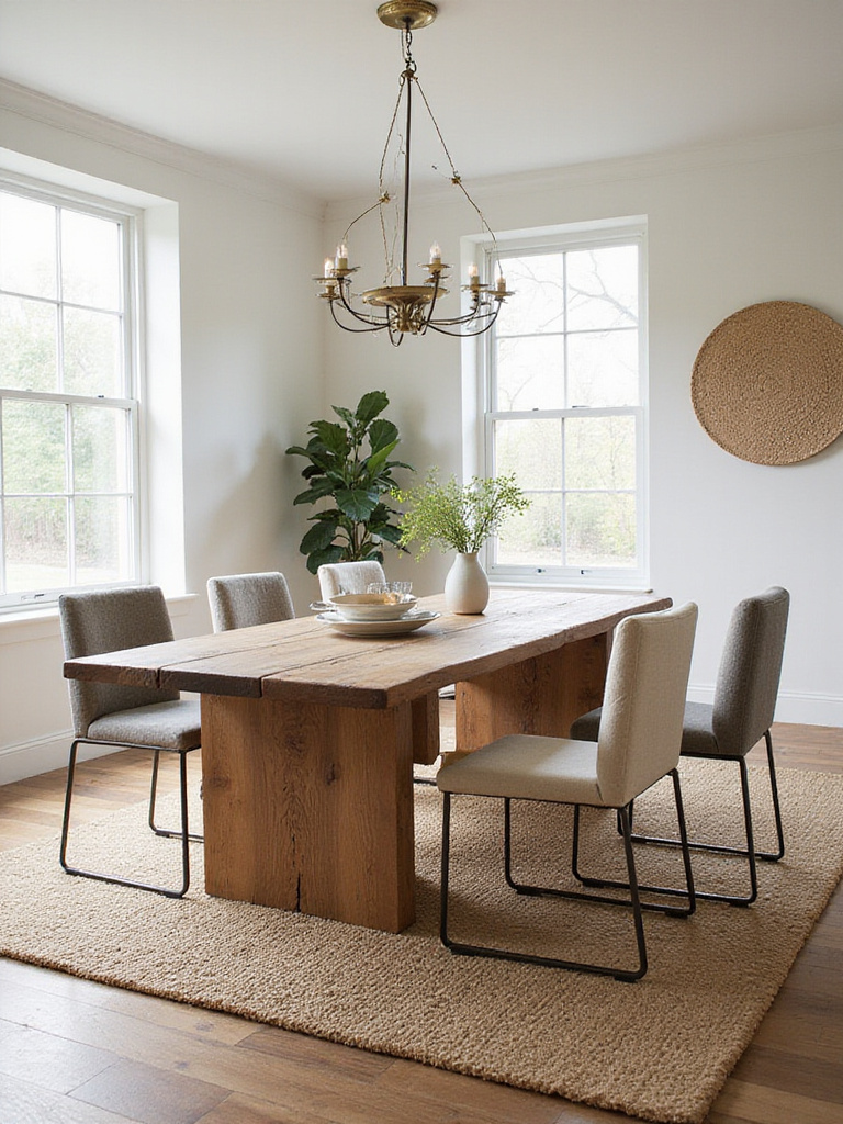 Dining room featuring layered textures of wood, metal, and fabric for a rich and inviting space.