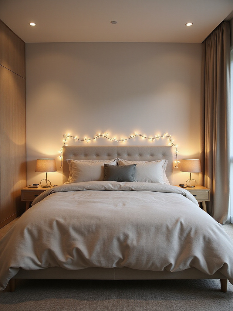 Bedroom with layered lighting: ambient, task, and accent lighting create a relaxing atmosphere.