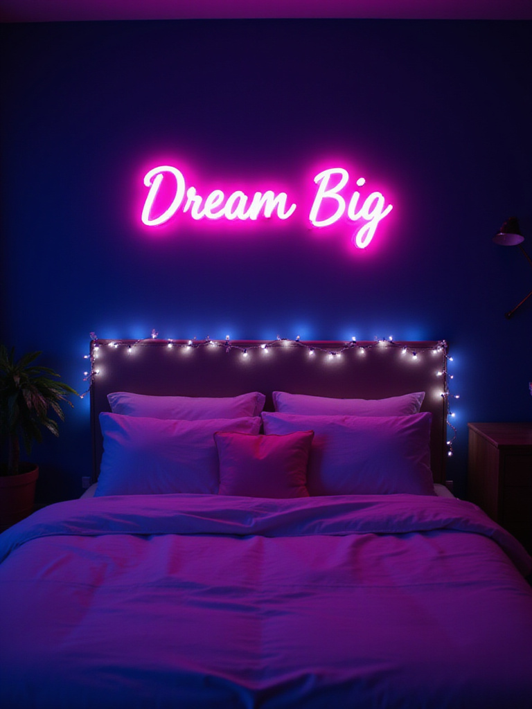 Bedroom with a pink neon sign that says 'Dream Big' above the bed