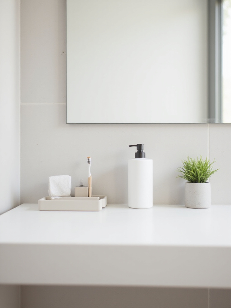 Clean, minimalist bathroom counter with only a few essential items like a soap dispenser and toothbrush holder, emphasizing simplicity.