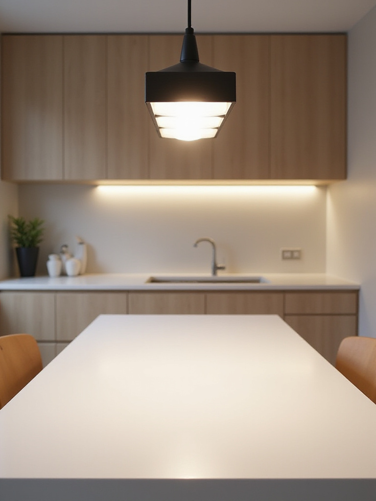 Sleek black linear suspension light hanging over a modern rectangular white kitchen table in a kitchen with light wood cabinetry.