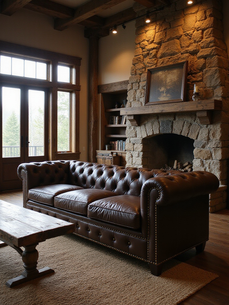 Luxurious dark brown leather sofa with rustic nailhead trim in a cozy living room setting.