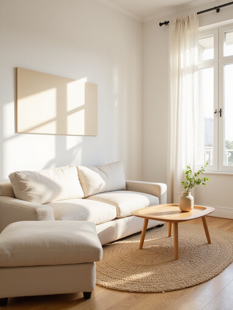 Minimalist living room with clear surfaces and natural light