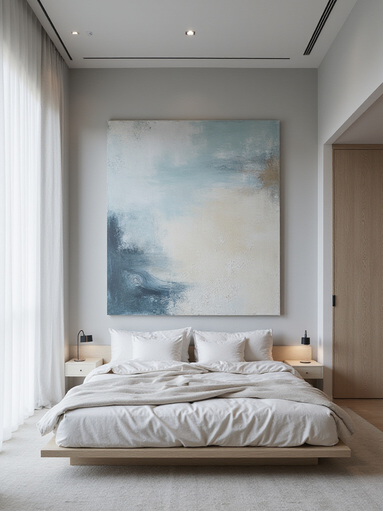 Oversized abstract art above bed in modern minimalist bedroom