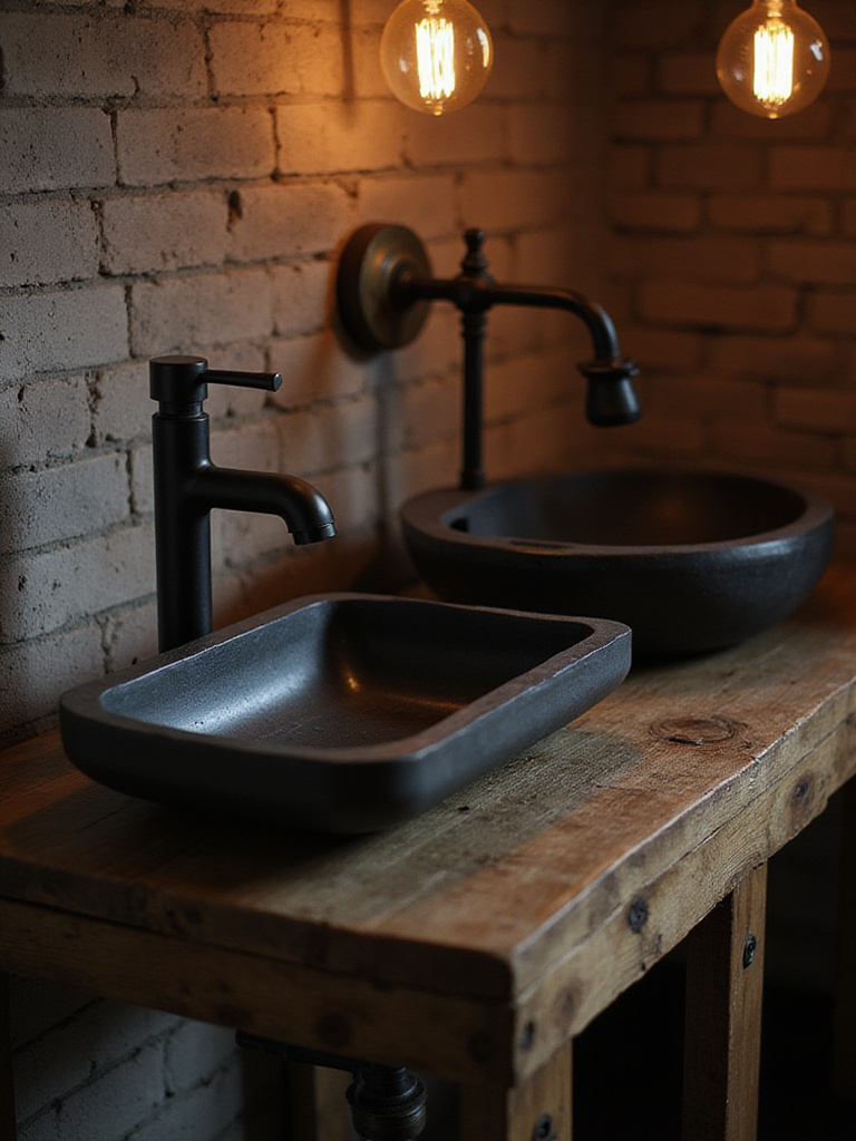 Industrial bathroom vanity with concrete vessel sink and reclaimed wood base.